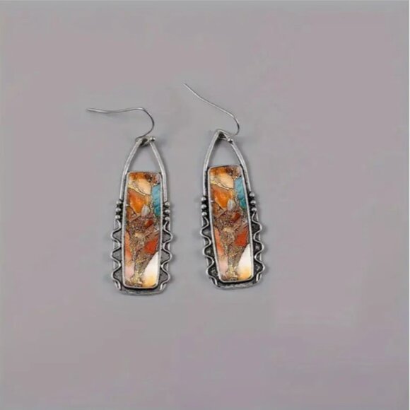 Retro Boho Style Geometric Dangle Earrings - Brn-Org-Turq - Picture 5 of 6